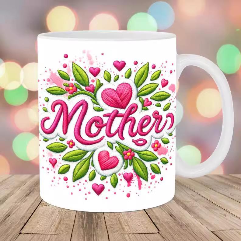 3D Embroidery Flower Embroidered Ceramic Coffee Mug Tea Cup Mom Mum Mother