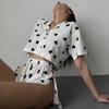 Damen Sexy Herz Muster Zweiteilig Crop Cardigan Kurzarm Schlitz Shorts Pyjama Homewear Set