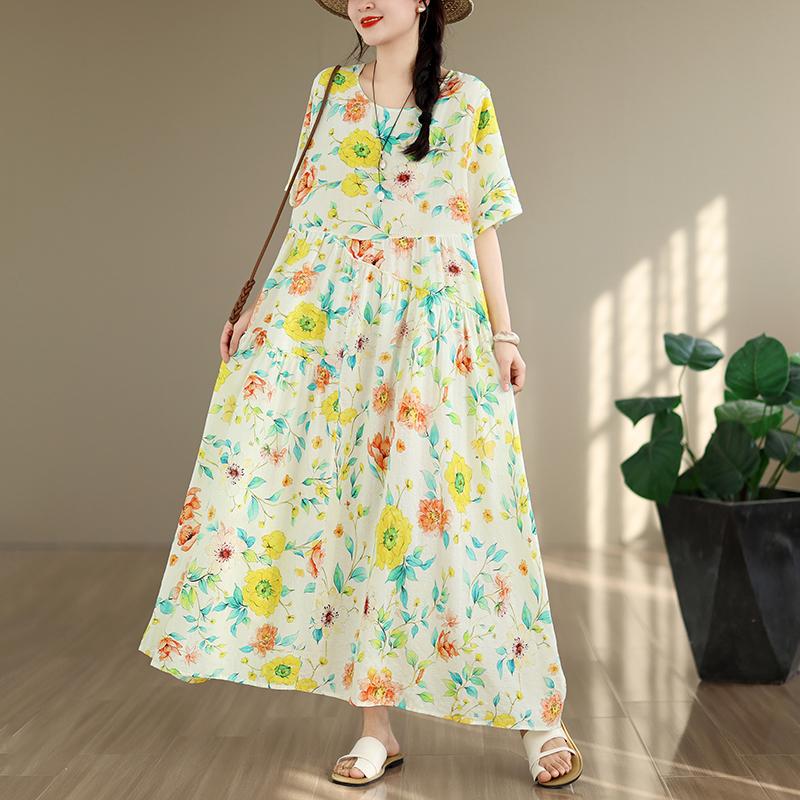 DIMANAF New 2026 Sundress Women Plus Size Summer Casual Print Floral Maxi Long Dress Cotton Loose Oversize Beach Holiday