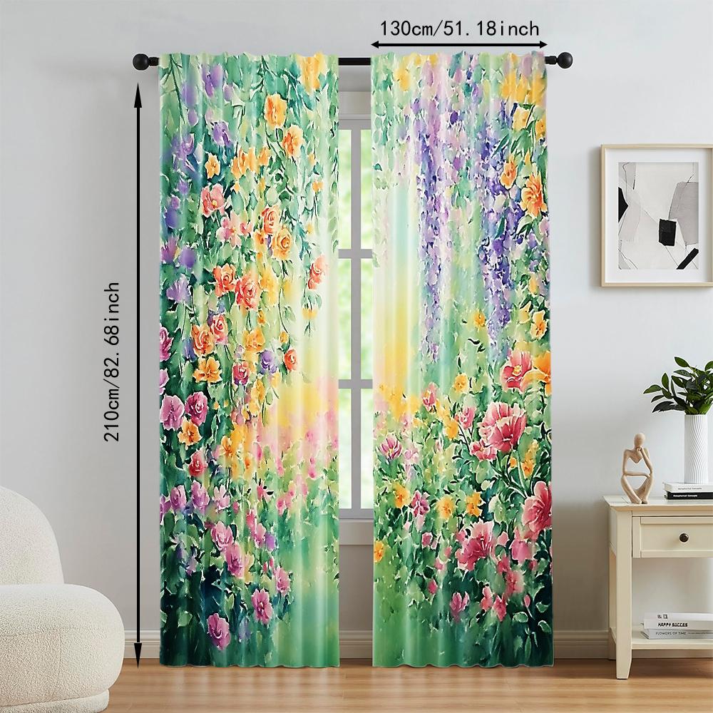 Set Of 2 Colorful Floral Plant Printed Window Curtain Living Room Bedroom Home Decor Design Privacy Protection Polyester Perfect For Area