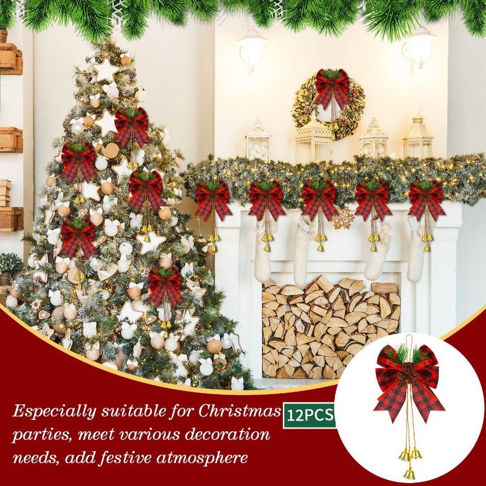 6Pcs/Set Buffalo Plaid Christmas Bows Hanging Ornament  Christmas Tree Decoration