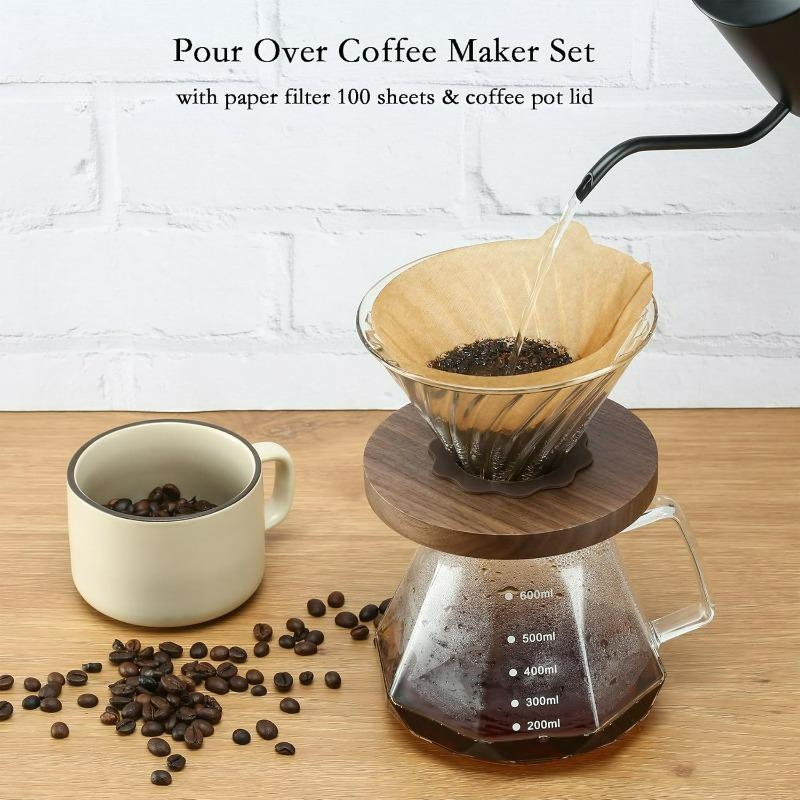 Pour-over Coffee Kettle ,Glass Carafe with Lid Walnut Handle Filter,Drip Coffee Maker Pot for Home Café Restaurant Camping