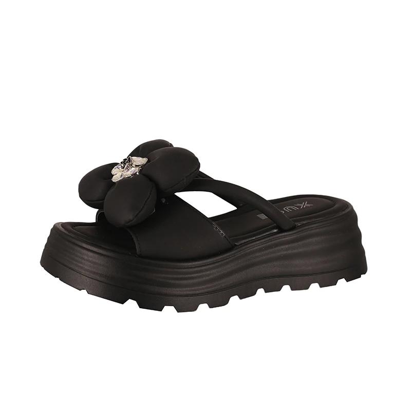 Women's Slippers Flower Platform Sole Rhinestones Shoes Women Dress Outdoor Summer Korean Style 2025 Zapatillas De Mujer