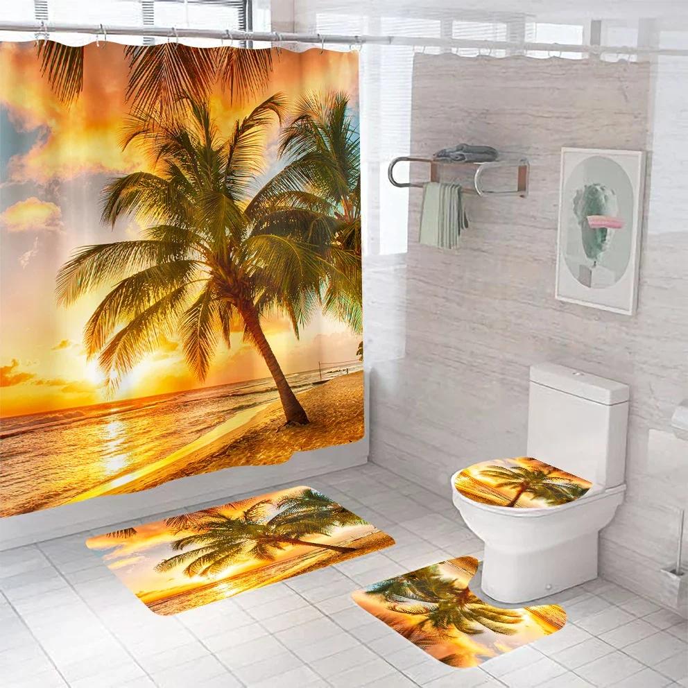 3D Seascape Beach Theme Shower Curtain Sets Toilet Cover Bath Mat Carpet Rugs Bathroom Drapes Shower Curtain Set With Hooks