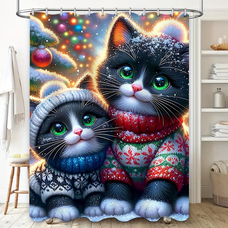 Christmas-Themed Shower Curtain Featuring Two Cute Cats Wearing Cozy Sweaters In A Snowy Winter Wonderland With Colorful Lights
