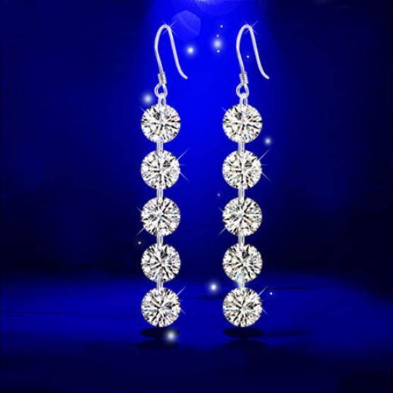 Women Bridal Elegant 5 Rhinestones Long Dangle Tassels Hook Earrings Jewelry KTJ