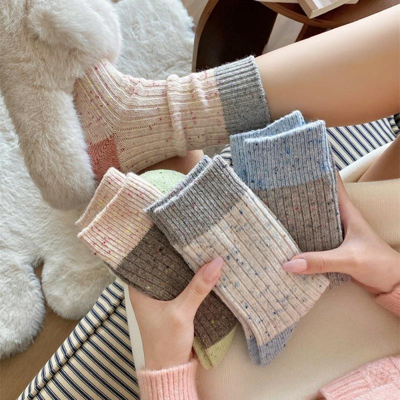 Female Spring and Autumn Thickened Warm Color Collision Wool Tube Pile Socks