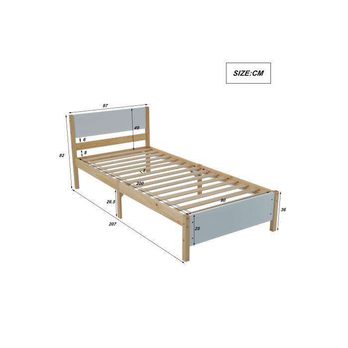 Lit simple - MUVOE - 90x200 cm - Cadre en pin - Tête et pied en MDF - 15 sommiers à lattes