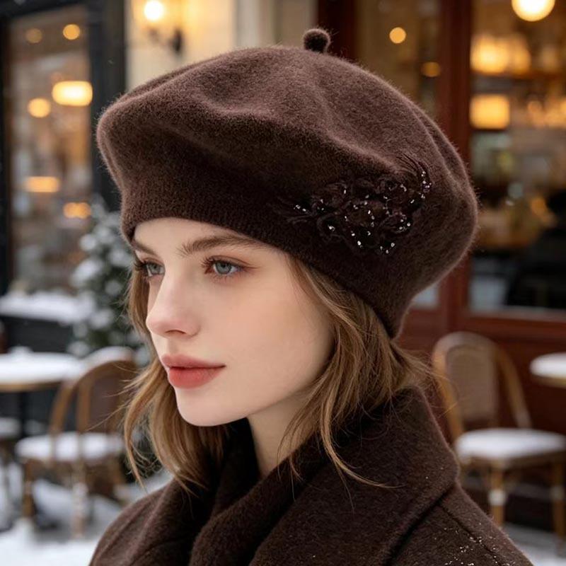 Handmade Beaded Flower Beret Women's Autumn and Winter Rabbit Cashmere Double-layer Knitted Hat Fashionable and Elegant Warm Temperament Thread Hat