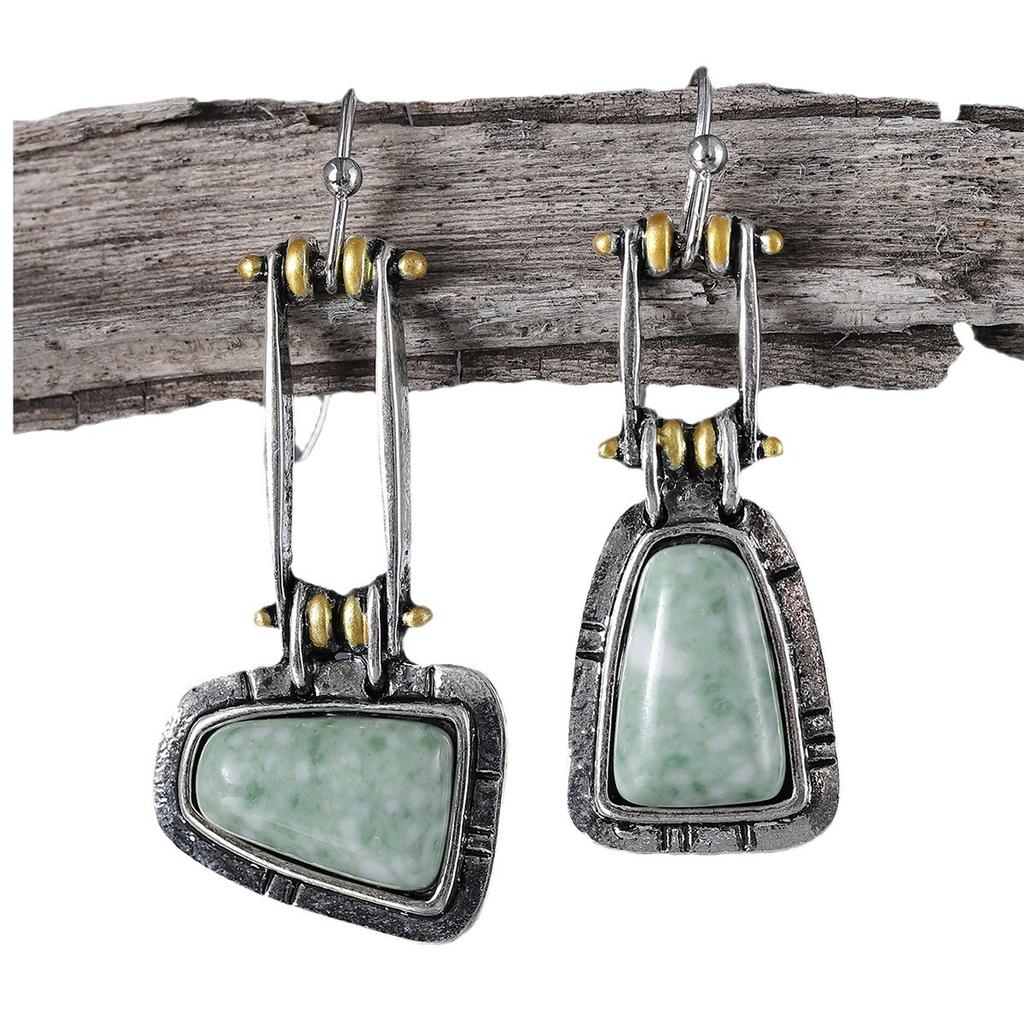Retro Trapezoidal Turquoise Jadeite Earrings, Stylish Asymmetrical Earrings for Women