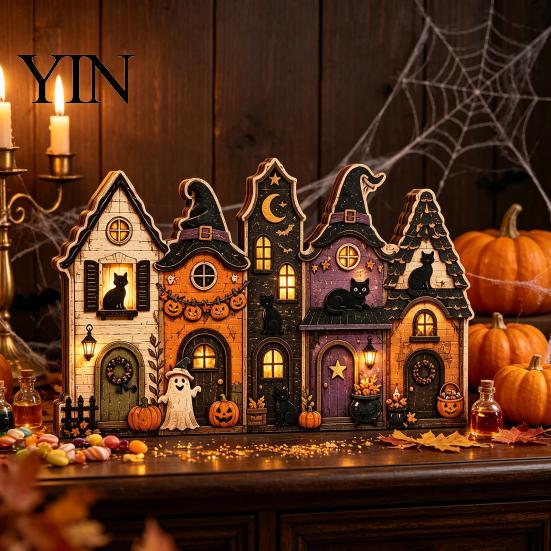 Rustikální podzimní středové dekorace stolu Halloween Retro strašidelná vesnice Dřevěná dekorace na stolní desku, Podzimní statek Čarodějnice Americký venkovský styl Figurky