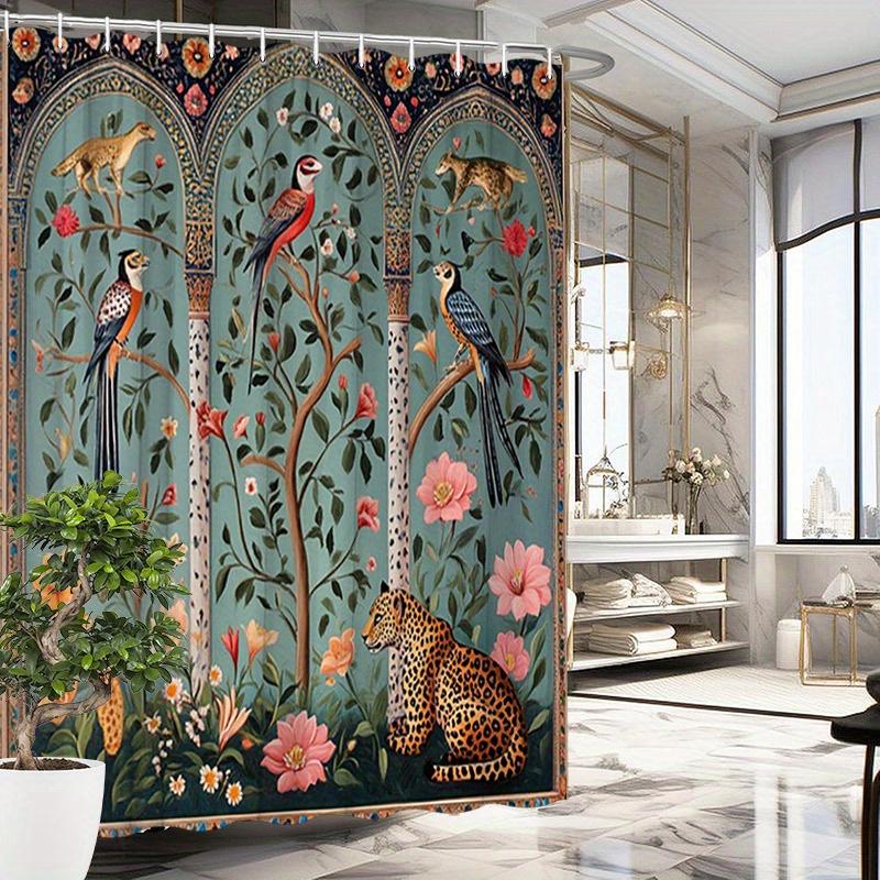 

1Pc Persian Miniature-Inspired Shower Curtain - Vibrant Birds, Leopard & Floral Design In Red, Blue, Yellow, Pink On Teal - Du W60H190(CM)-1 Pcs