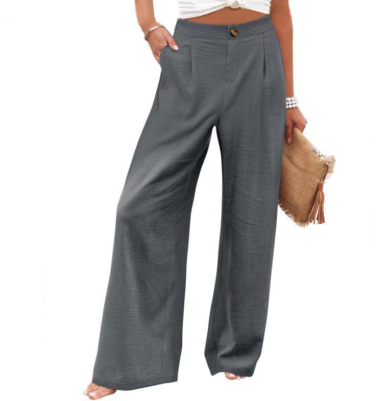 

Летние женские брюки широкие от бедра, с высокой посадкой, прямого кроя, на пуговице, с эластичной талией 2XL