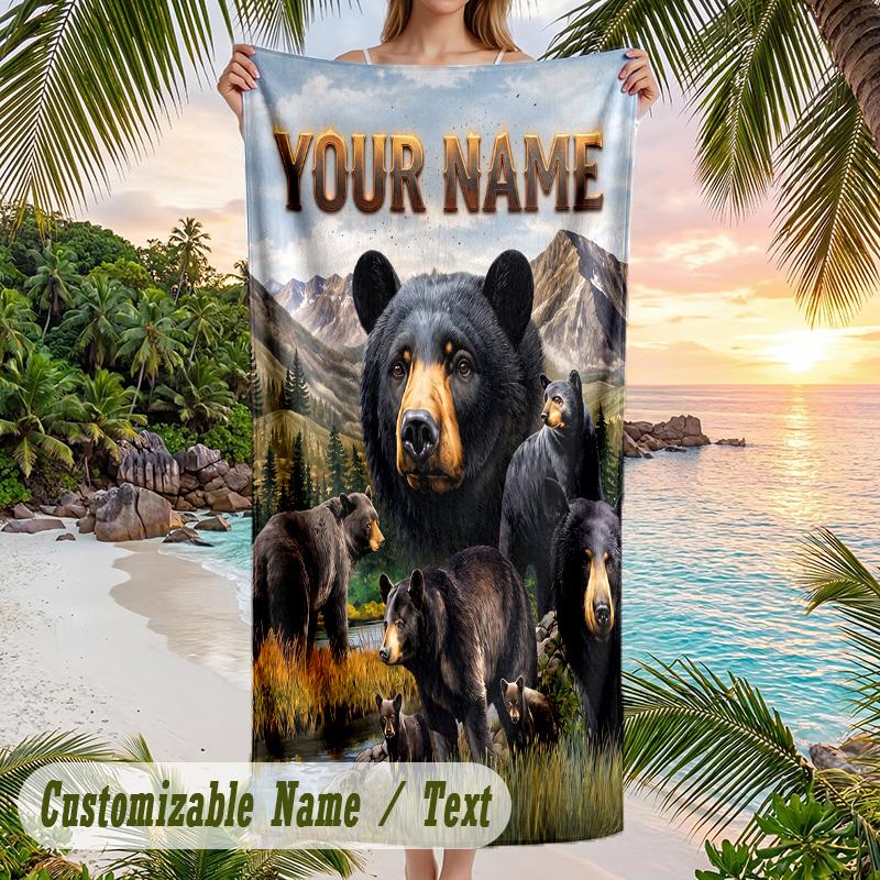 Teddy Bear Theme Beach Towel Personalized Custom Name & Text Soft Quick Dry Beach Towel for Swimming Travel