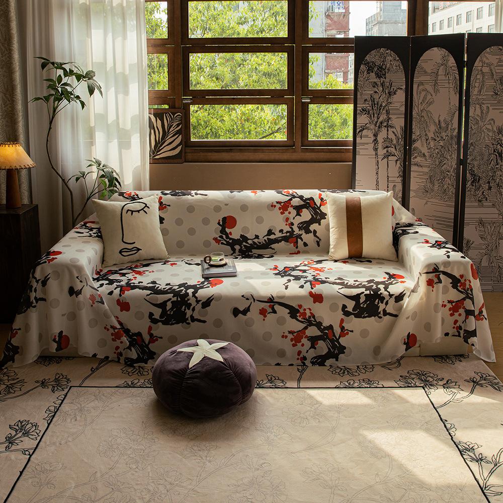 One-Piece Summer Sofa Towel Full Covered New Chinese Style Chinese Ink Style Plum Blossom Breathable Cushion Sofa Mat Cover Cloth