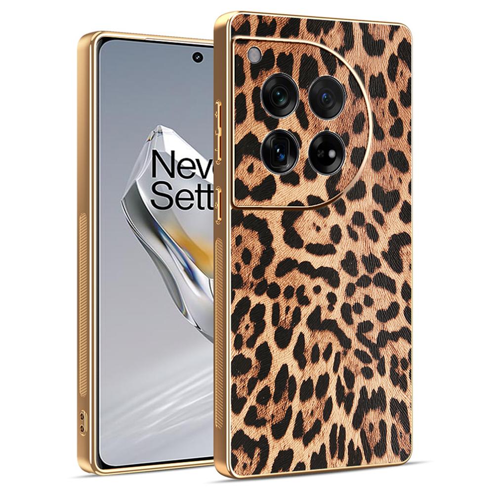 

For OnePlus 12 5G Case Leopard Print PU Leather Coated PC+TPU Electroplating Phone Cover A