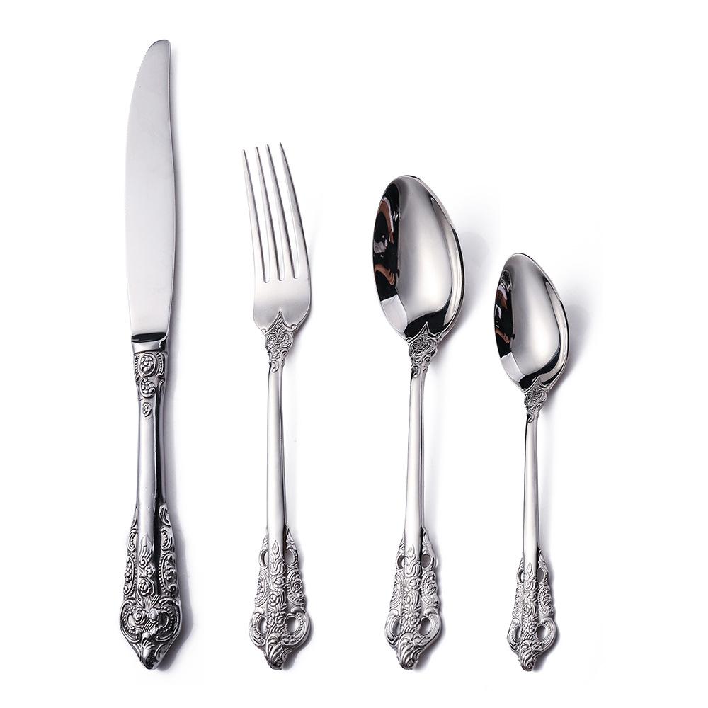 J Stainless Steel Retro Relief Tableware Western Knife Fork and Spoon Set European Steak Knife Fork Meal Spoon Dessert Spoon and Fork