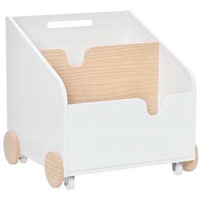 Wooden Storage Box for Toys 2 Sections with Wheels Handle Children's Bookcase with Wheels for Children's Room 40x43x43 Cm White and Natural