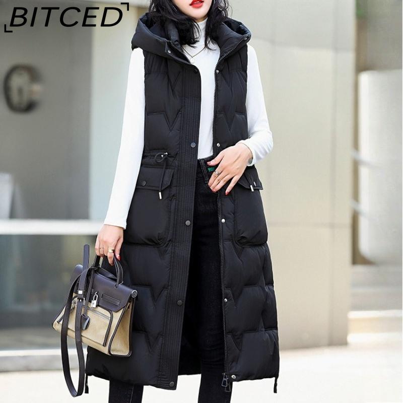 

BITCED Women s Plus Size Long Down-Filled Quilted Vest with Hood, Thickened Sleeveless Coat for Autumn/Winter M чёрный