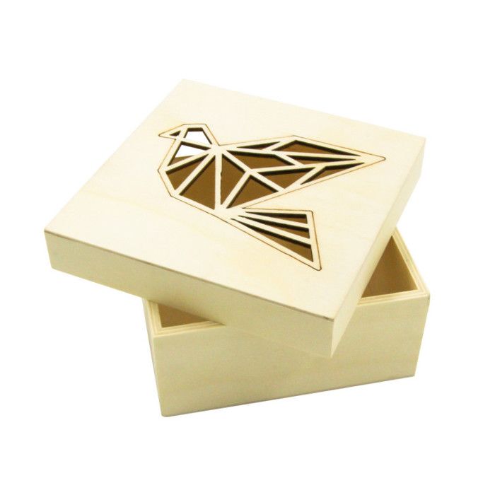 Boîte en bois - Découpe laser - Origami oiseau - 11,3x11,3x5cm - Marron - Enfant/Mixte