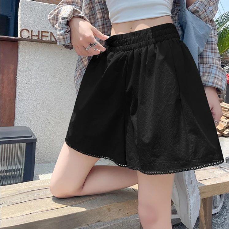 Korean Style Women's Lace Trim Elastic Waist Shorts - 2025 Summer Petite Casual Loose Slimming Wide Leg Pants