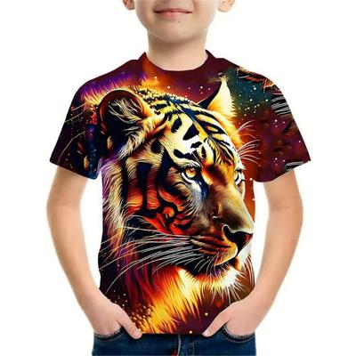 Kinder T-Shirts Tigerdruck Jungen 3D Digital bedrucktes T-Shirt Kurzarm Rundhals Oberteil Sommer Atmungsaktive Sportbekleidung