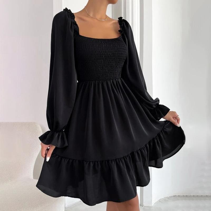 2025 French Minimalist Square-Neck Dress Long-Sleeve High-Waisted Bodycon Dress with Flounced Hem