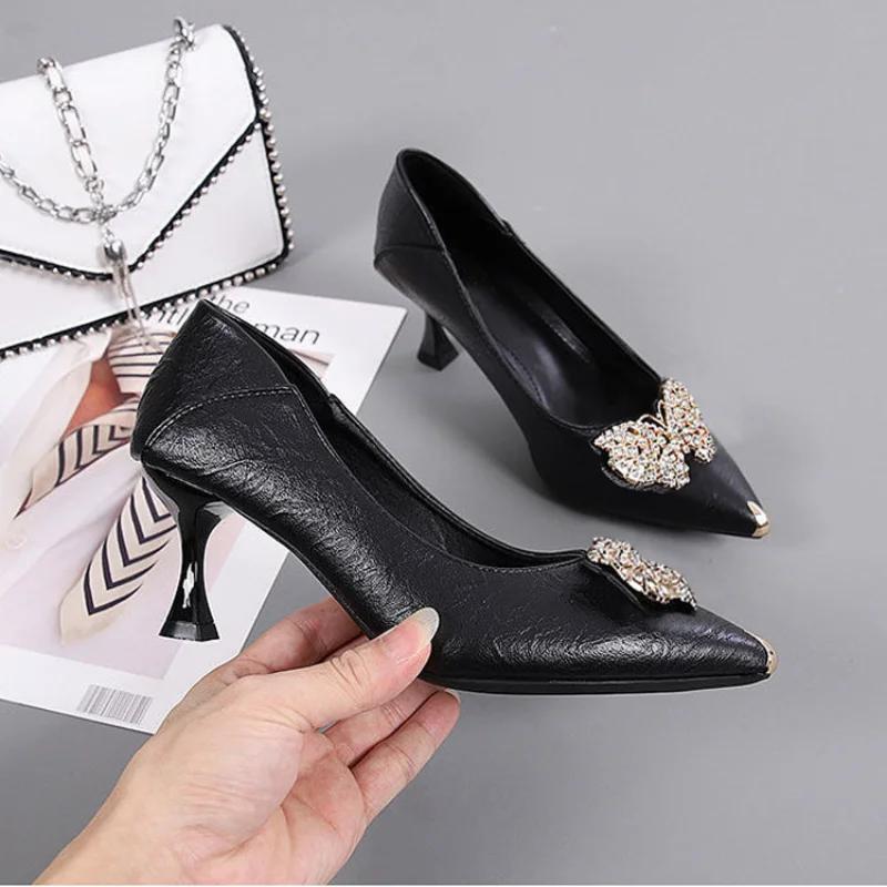 Leather High Heels for Women Metal Butterfly Stiletto Heeled Pointed Ladies Shoes Fashion Comfort Pumps Chaussure Femme