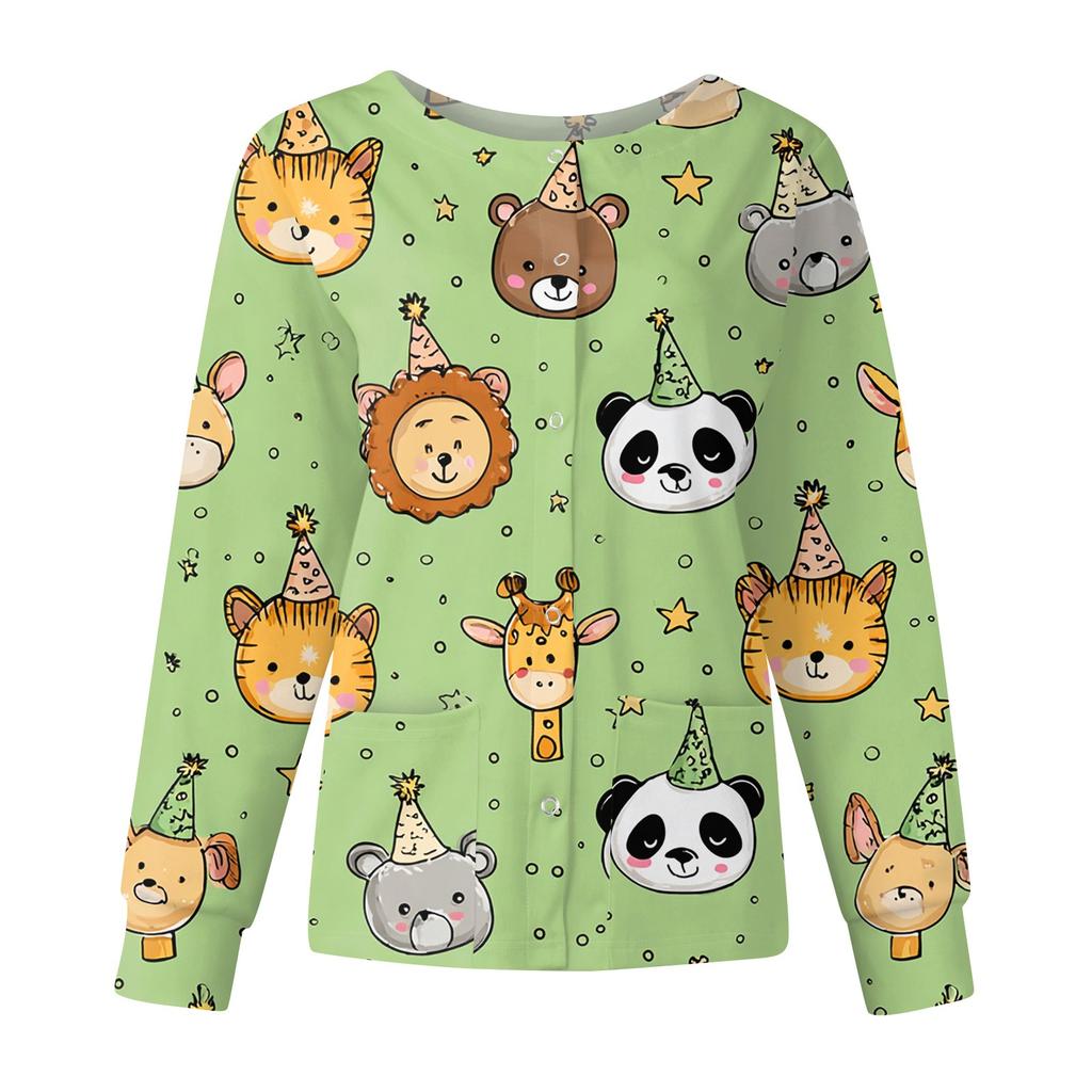 Damen Casual Mode Langarm Stehkragen Einreiher Niedlich Tierisch Bedruckt Arbeitsjacke Oberteile