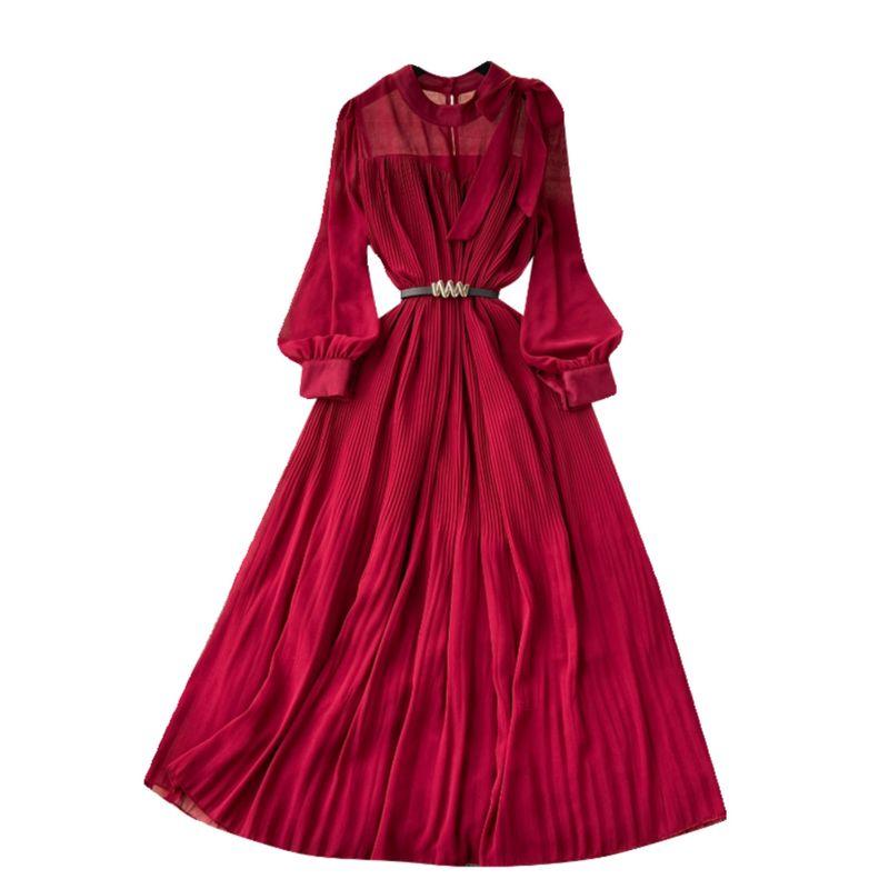 Early Spring Dress Women's 2024 New Arrival Sweet Bows Heavy-Duty Pleated Chiffon Dress Puff Sleeves Vacation Skirt