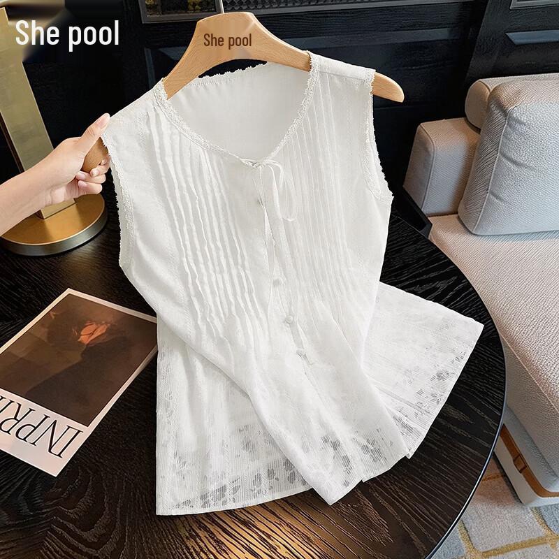 Women s Pleated Lace-Trim Tie-Strap Camisole M белый