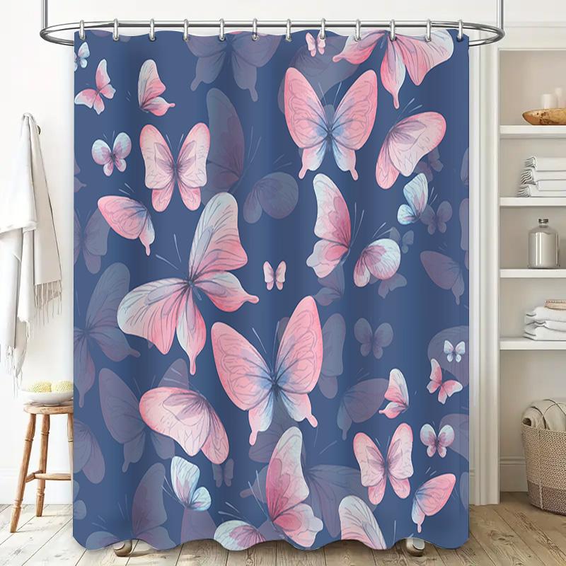 Butterfly Print Shower Curtain Blue Pink White Decorative Home Bath Bathroom Decoration Waterproof Rainproof Waterfall Flower So