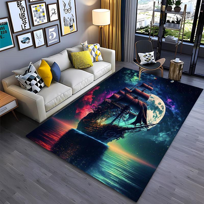 3D Pirate Ship Boat, Large Area Carpets for Home Living Room  Children's Bedroom Sofa Doormat Kitchen Floor Rugs Anti-slip Decor