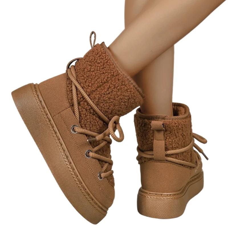 Women's Ankle Boots Winter Platform Snow Boots  Fur Flats Casual Shoes Designer Lace Up Plush Sneaker Non-Slip Botas Mujer