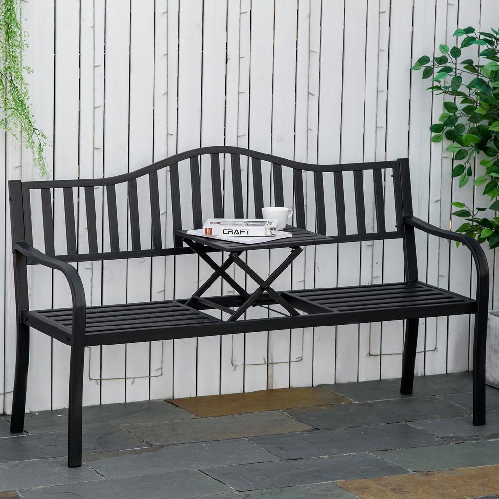 Metall-Gartenbank mit hochklappbarem Mitteltisch. Garten-Zweisitzer. Gartenbank für den Garten. Vorbau. Sitzplätze für 2–3 Personen. Schwarz