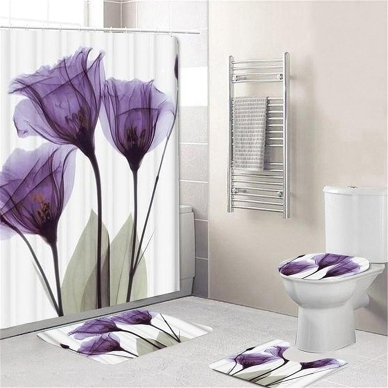 Peacock Feathers Flowers Shower Curtain Toilet Cover Rug Bath Mat Contour Rug