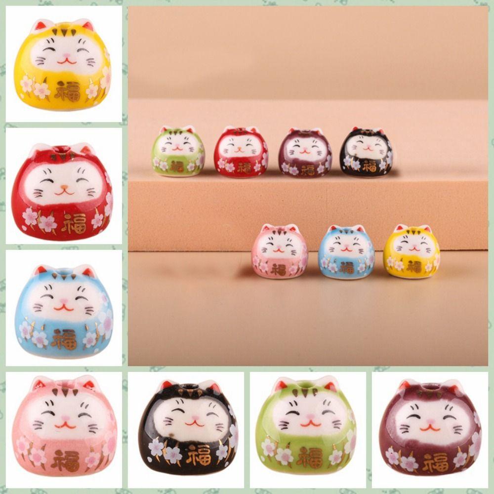 2pcs With Hole Cat Ceramic Ornament Colorful Blessing Cat Beads Cat Ceramic Beads  Jewelry Making
