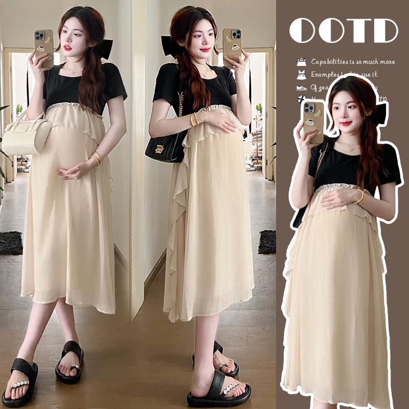 2026 Korean Style Summer Maternity Dress - Sweet, Loose, Patchwork, Fake Two-Piece Design