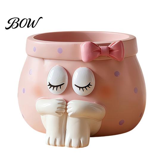 Desktop Storage Accessories Cute Cartoon Girl Pen Holder, Resin Makeup Brush Decorative Creative Stationery Holder Organizer with Bow Design, Sundries