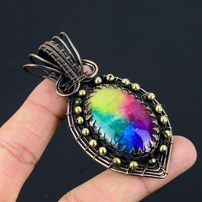 Rainbow Solar Quartz Gemstone Pure Copper Wire Wrapped Handmade Pendant Jewelry For Thanksgiving Gift