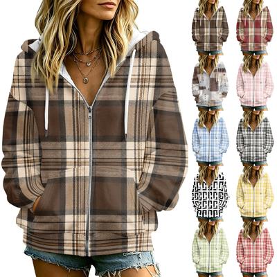 Veste décontractée à capuche et manches longues pour femme avec imprimé à carreaux et poches