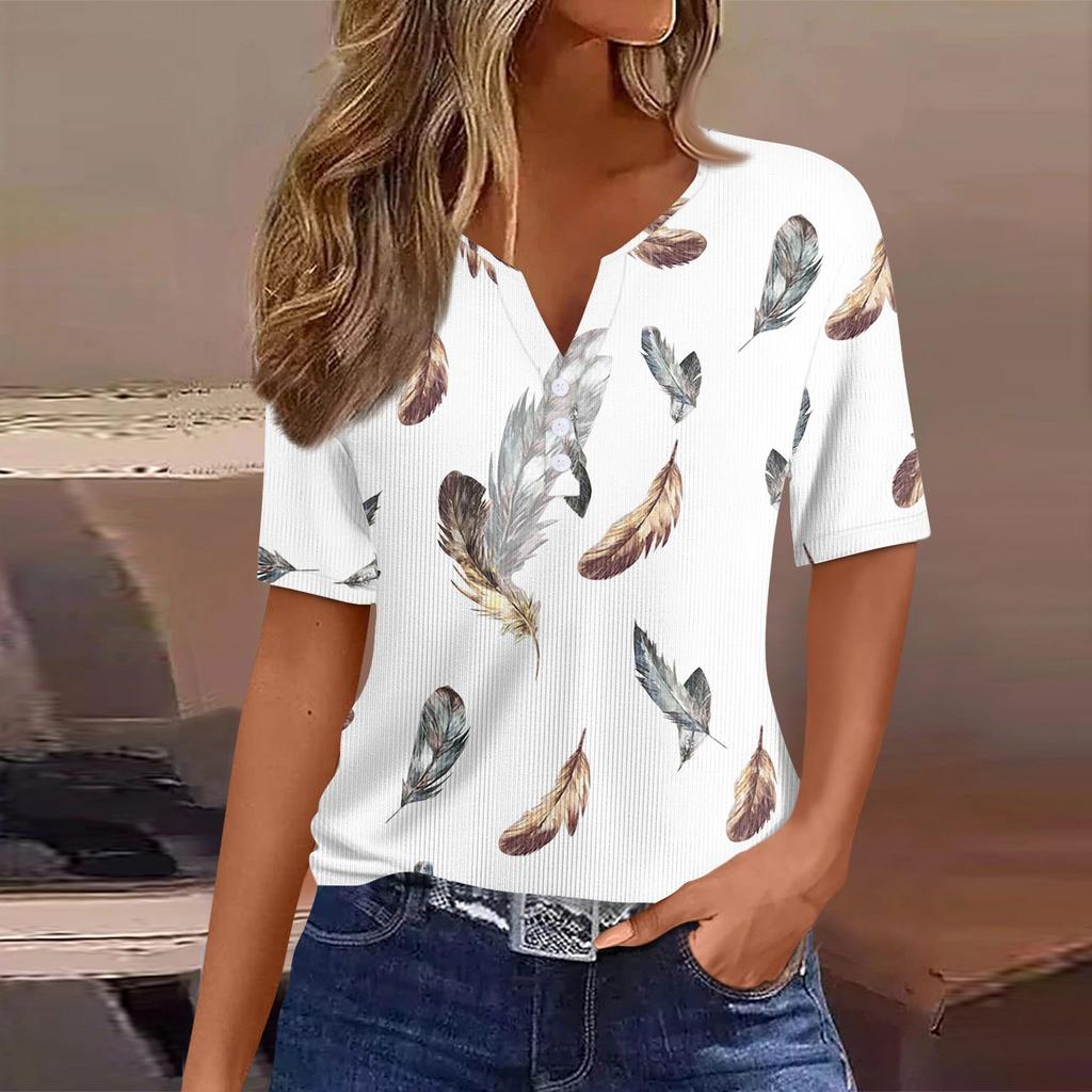 Women's T Shirt Tee Print Button Short Sleeve Tunic Daily Weekend Fashion Basic V- Neck Regular Top