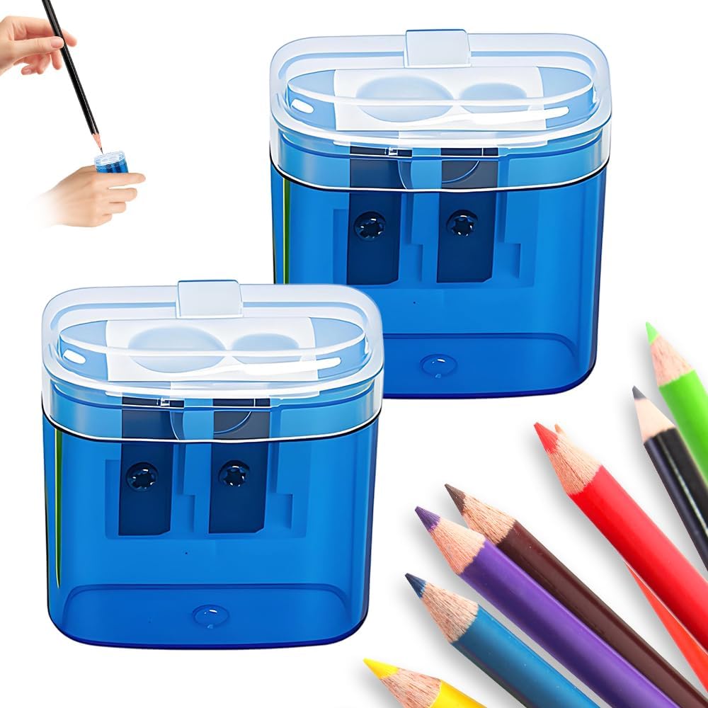 Pencil Sharpeners with Lid,Dual Holes Handheld Pencil Sharpener Manual for Standard and Jumbo Pencils,Compact Cute Sharpener for Kids Adults Students 2-Pack
