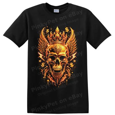 Golden Skull Crown Wings Money Symbols Gothic Graphic T Shirt Streetwear Tee