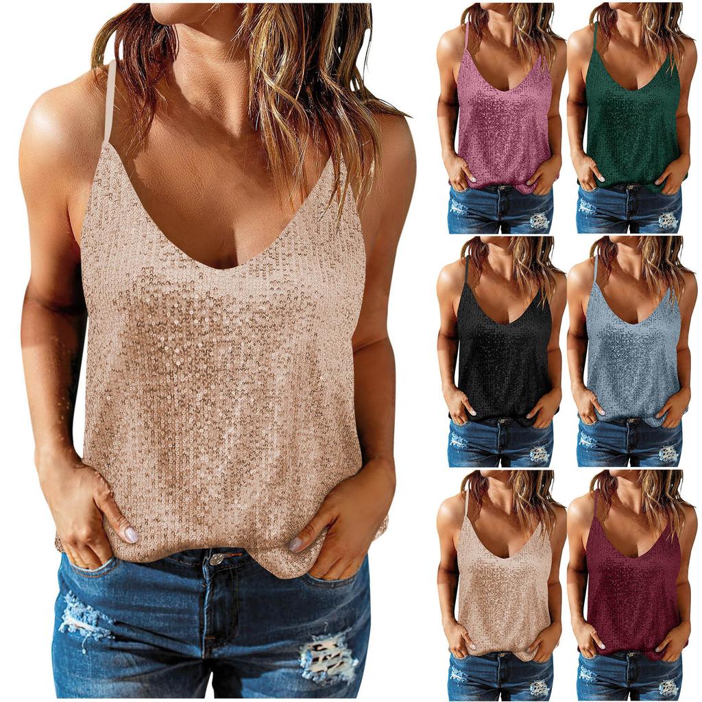 Damen Mode Lässig V-Ausschnitt Ärmellos Pailletten Tanktop Leicht Party Clubwear Bluse Sommer Stil