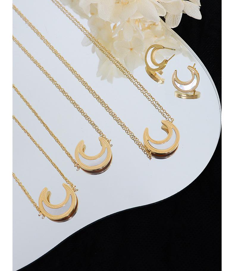 Korean-Inspired Moon White Mother-of-Pearl Jewelry Set: 18K Gold-Plated Titanium Pendant Necklace & Earrings