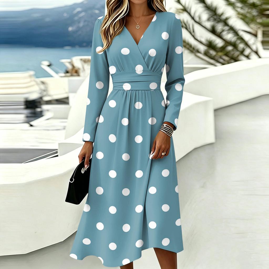 Women's Casual Polka Dot Printed Long Sleeve V-Neck Dress with Pockets