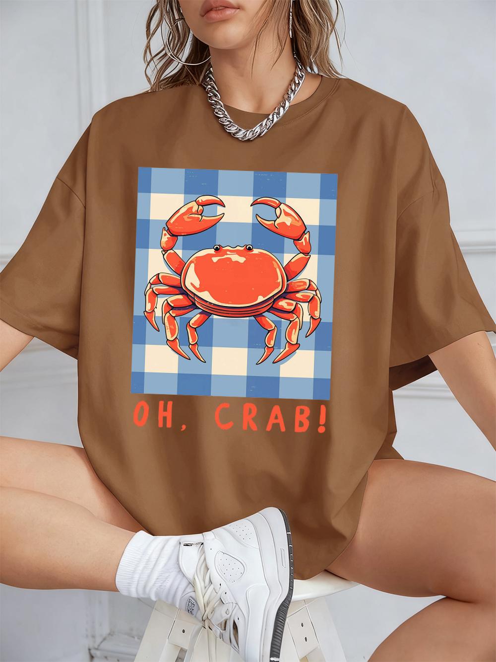 

Oh Crab Cartoon Grid Printing TShirts Womens Cotton Summer Short Sleeve Tops Soft Loose ONeck T Shirt Casual Womans Clothes S
