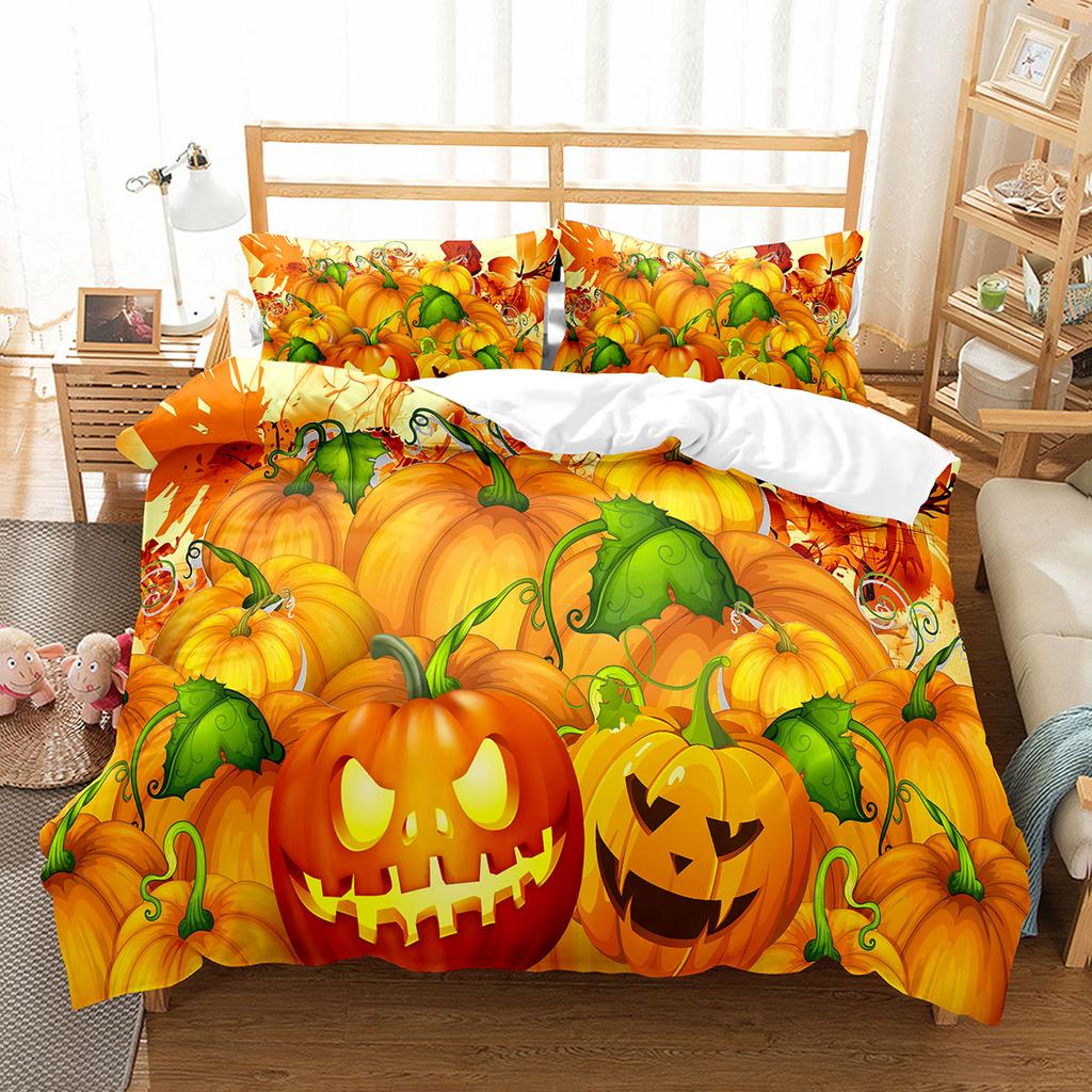 Kürbis-Laterne Bettbezug-Set, Polyester, Bettbezug, King-Size-Bett, Queen-Size-Bett, Doppelbett-Bettset mit Kissenbezug, Halloween-Geschenk