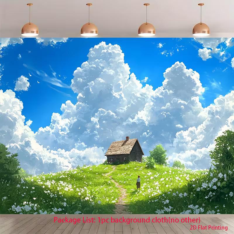 

2D Cloudy Meadow Cottage Background for Nature & Anime Themed Photoshoot 47.2x31.5inch/120*80cm